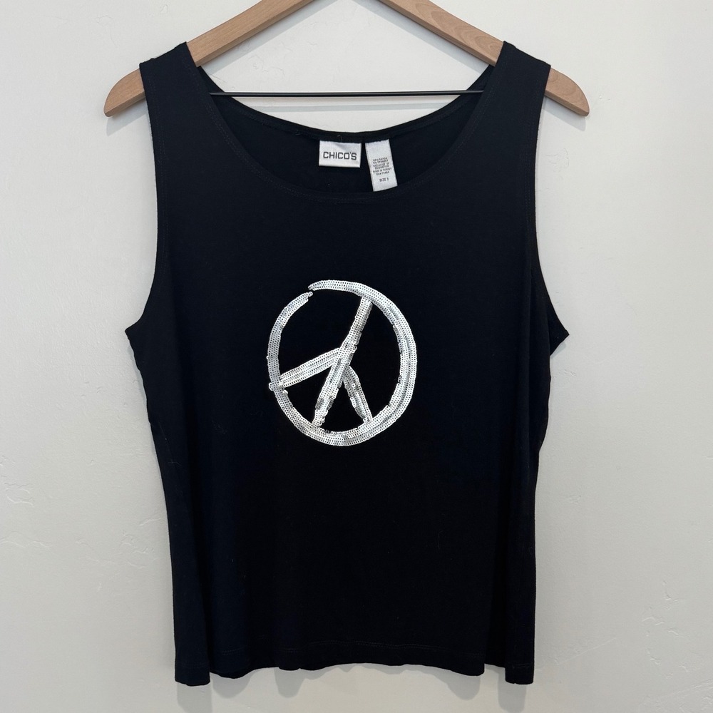 Y2K Indie Sleaze Peace Sign Sequin Tank Top Black 90s Festival XL Chico's Size 3